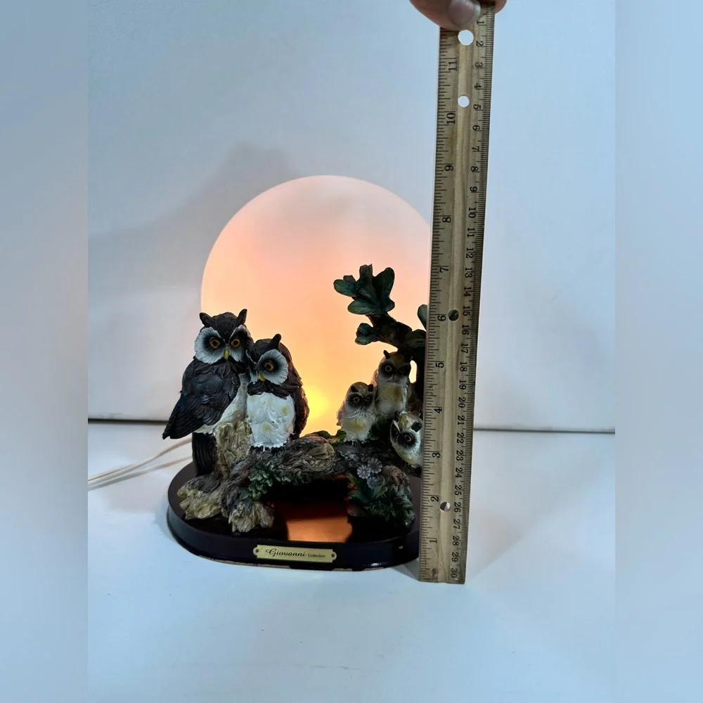 Vintage Resin Owl Family Statue Glass Moon Night Light Wild Life Scene Rare Find
